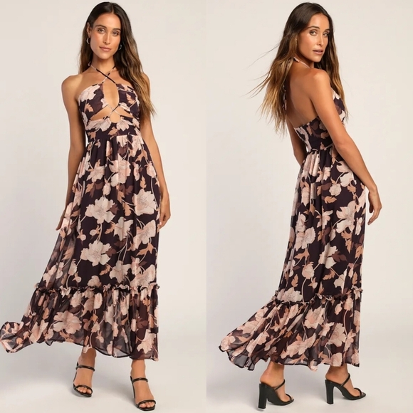 Lulus Dresses & Skirts - Lulus Blooming Elegance Purple Floral Cutout Halter Maxi Dress S Wedding Party